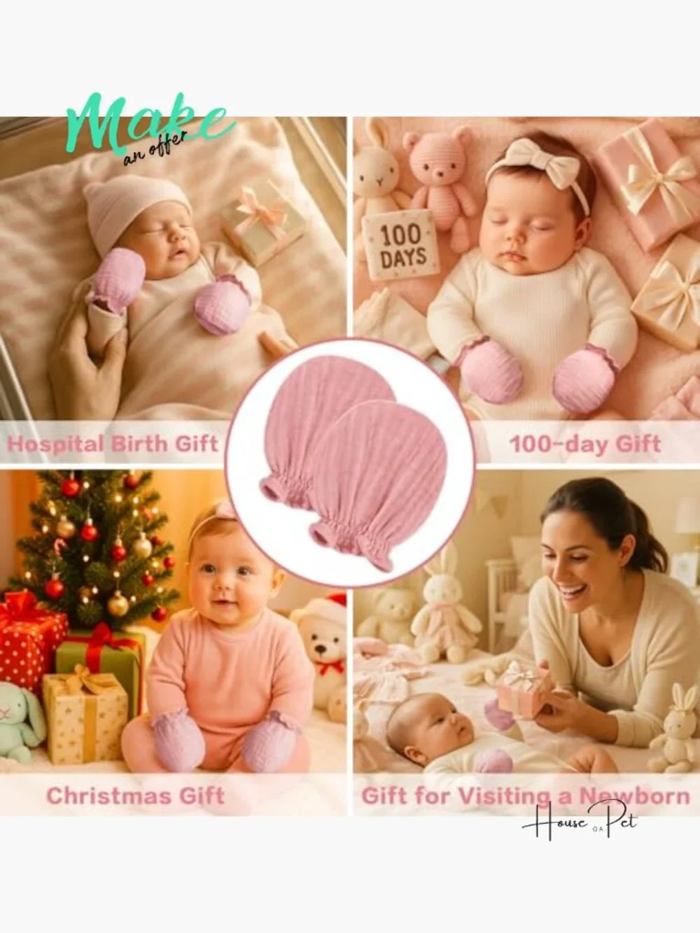100% Cotton Muslin Baby Mittens for Newborns 0-6 Months